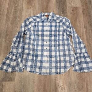Western Belle Sleeve Scully Womens Blue/White 100% Cotton Checker Plaid Shirt LG